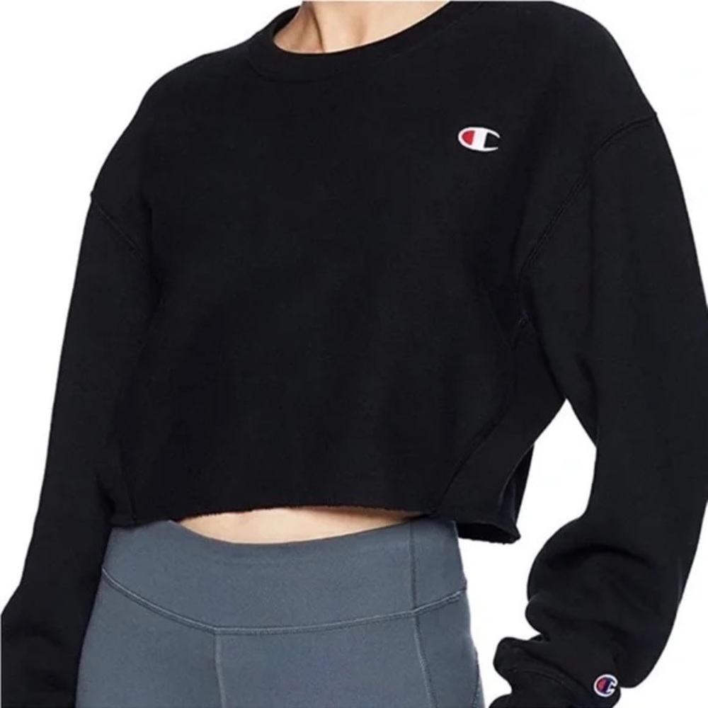 Champion Reversed Weave Crewneck Cropped Black Sweatshirt  Women’s Size Small